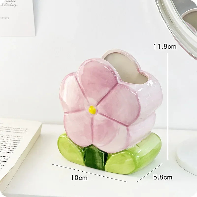 Flower Pen Holder Ceramic Desktop Decoration Desk Office Storage Box Stationery Shelf Storage Tank Living Room Decoration