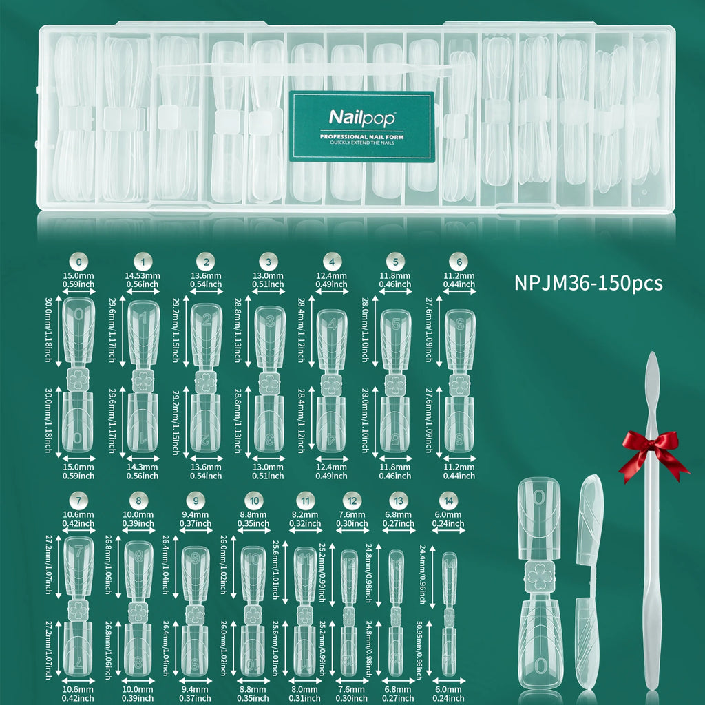 Nailpop 150pcs Dual Nail Forms Square Coffin Reusable Extension Molds Gel Builder Tips 15 Sizes Double Ended Pro Salon Nail Art