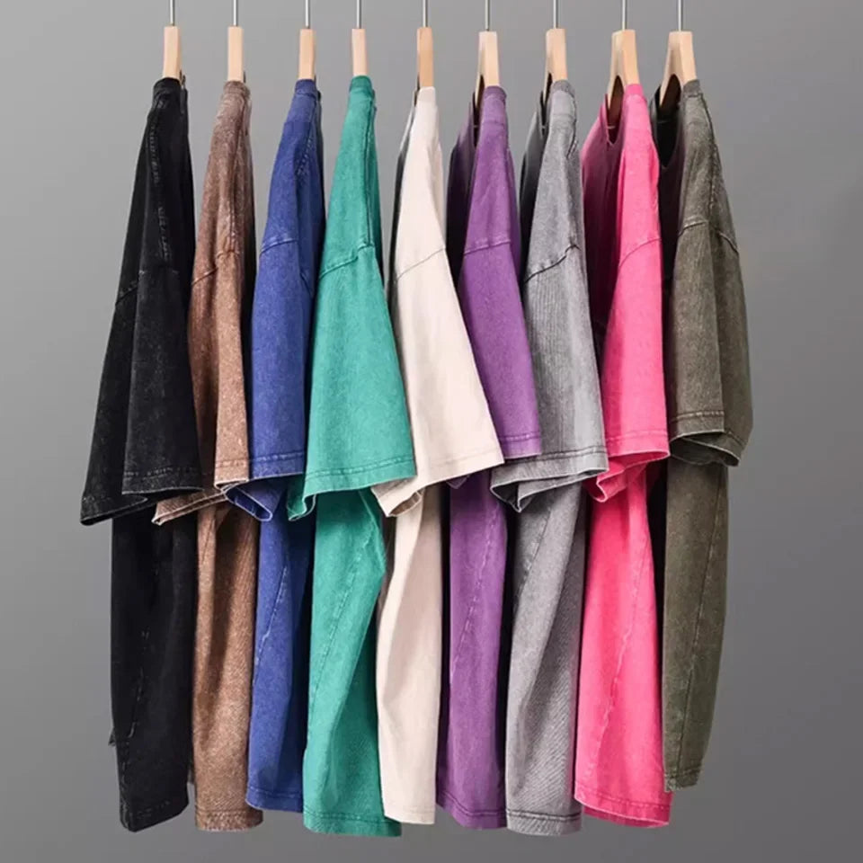 American Style Retro Heavyweight Solid Color Short Sleeved T-shirt Men Women Summer Street Trendy Washed Old Oversized Clothes