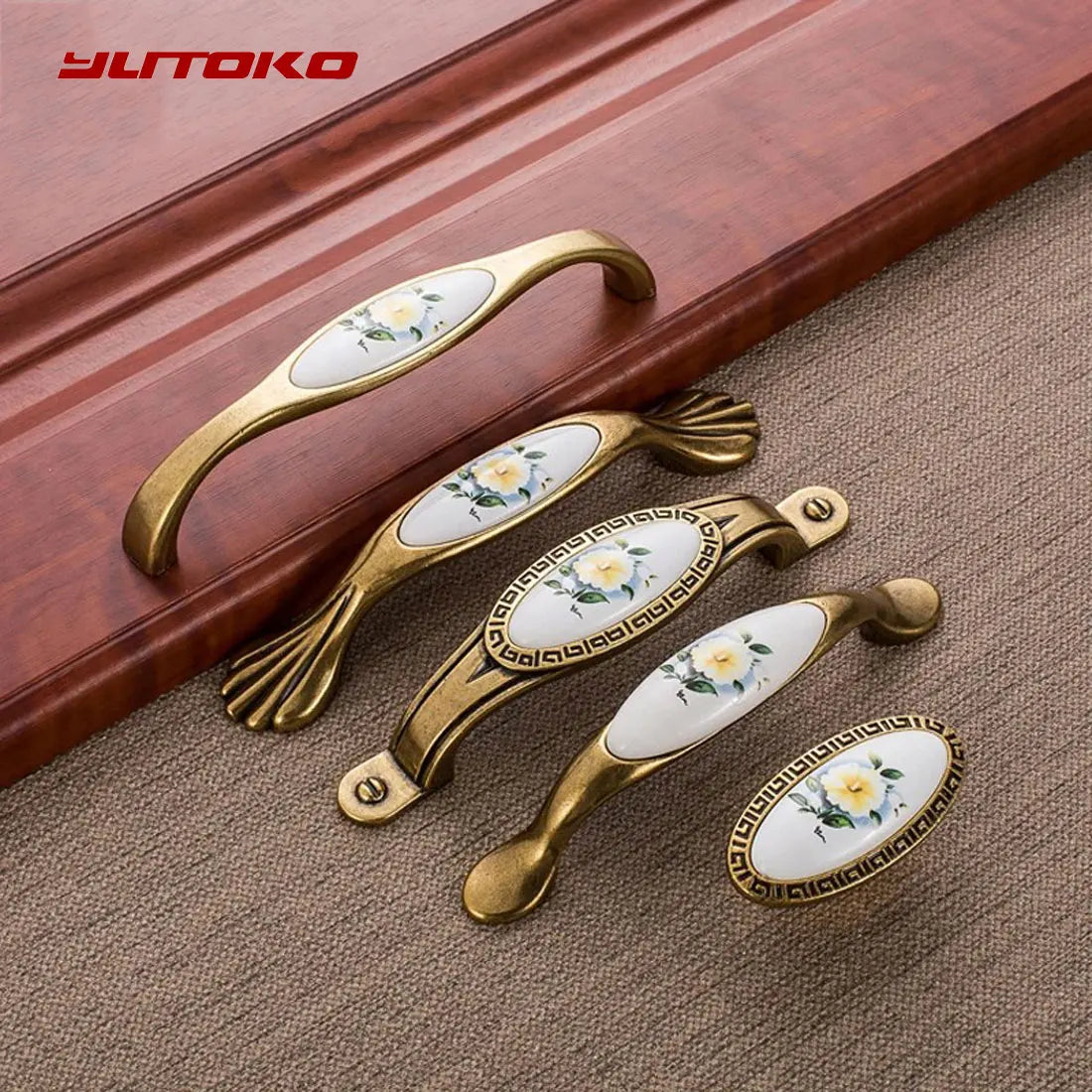 European Green Flower Ceramic Handles Kitchen Cabinet Storage Dressers Classic Wardrobe Cabinet Single Hole Closet Door Pulls