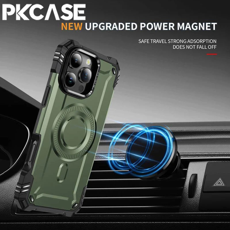 PKCASE Military Shockproof Bracket Case For iPhone 16 15 14 Plus Pro Max For Magsafe Magnetic Armor Cover