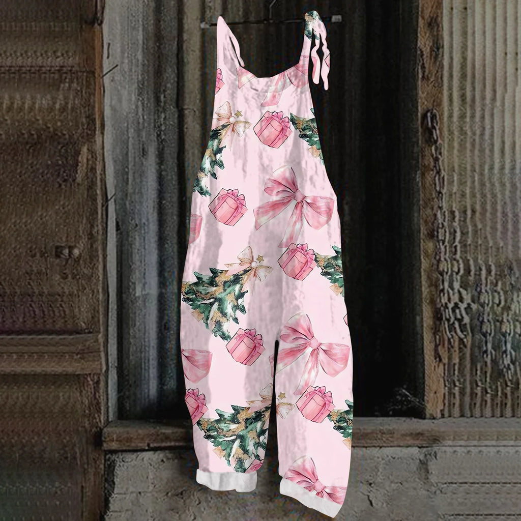2025 Women's Fashion Christmas Printed Casual Loose Vintage Strappy Jumpsuit Retro Festival Pants New Year Themed Clothing