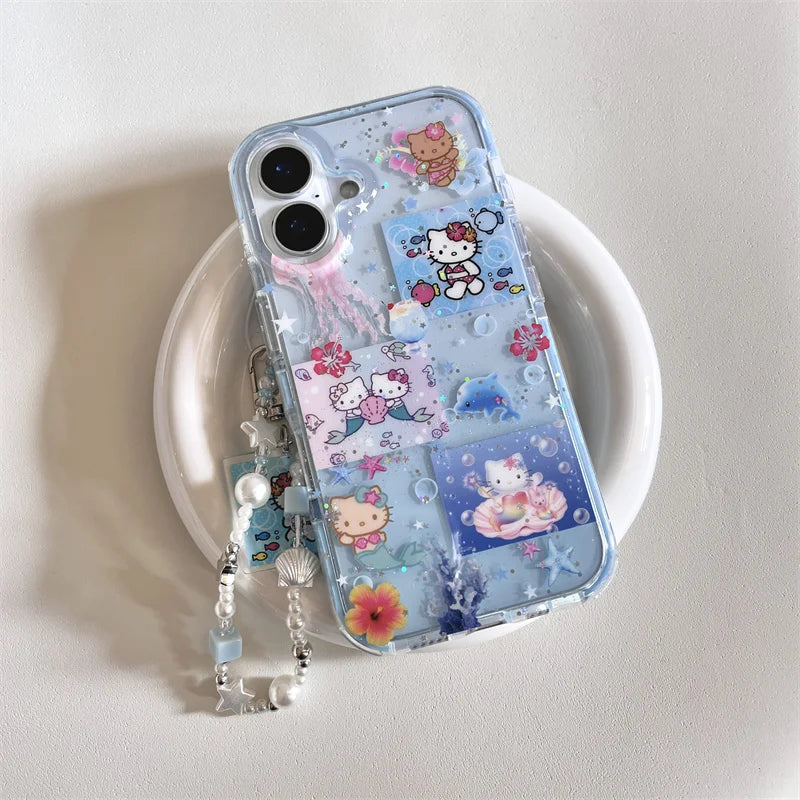 Korean Blue Ocean Hello Kitty Pattern Beach Phone Case For iPhone 11 12 13 14 15 16 Pro Max XS XR X 7 8 Plus Silicone Soft Cover