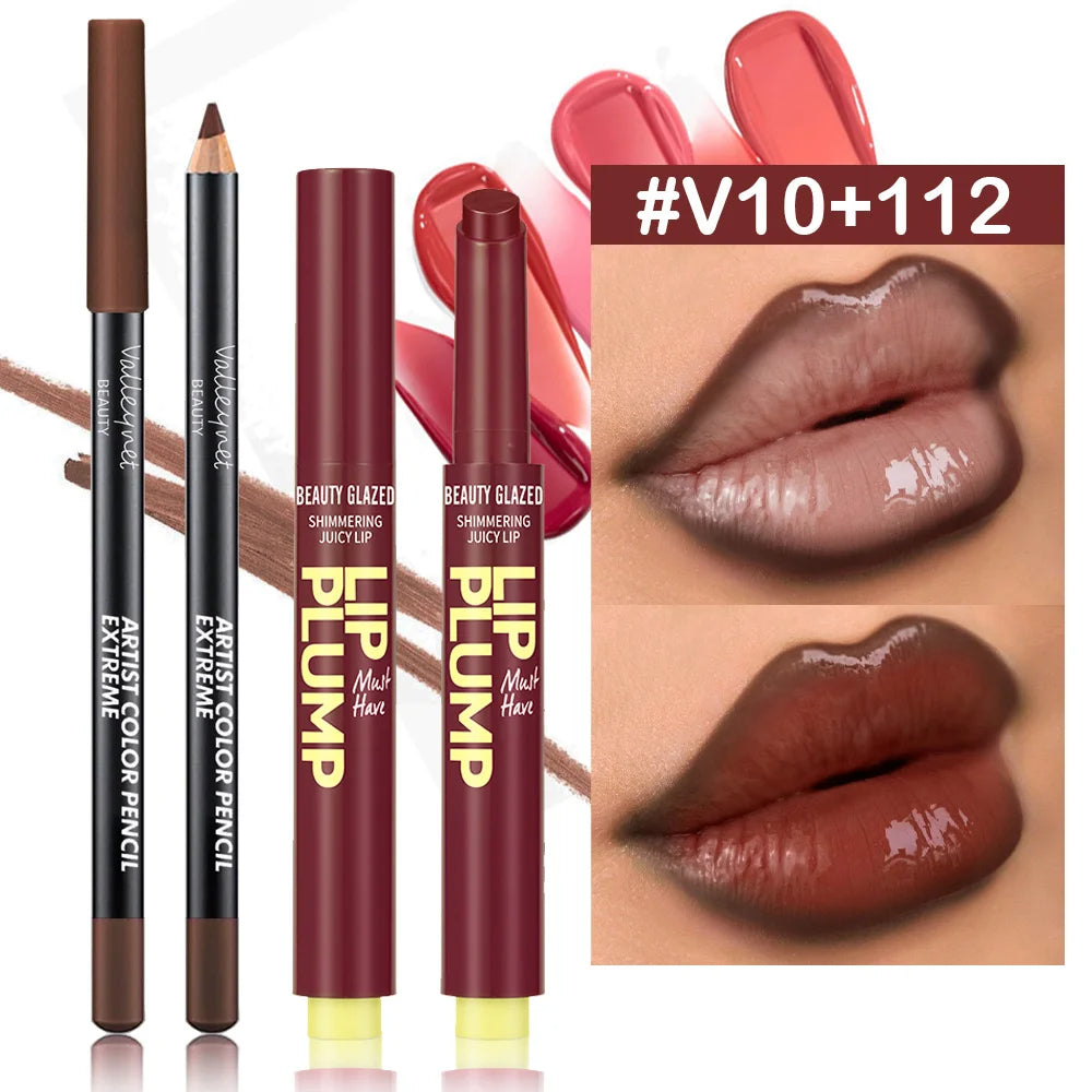 2 Pcs/Set Lip Combo Set Lipstick + Lip Liner Long Lasting Waterproof Easy To Apply Lipstick Set Glossy Lipstick Lip Makeup
