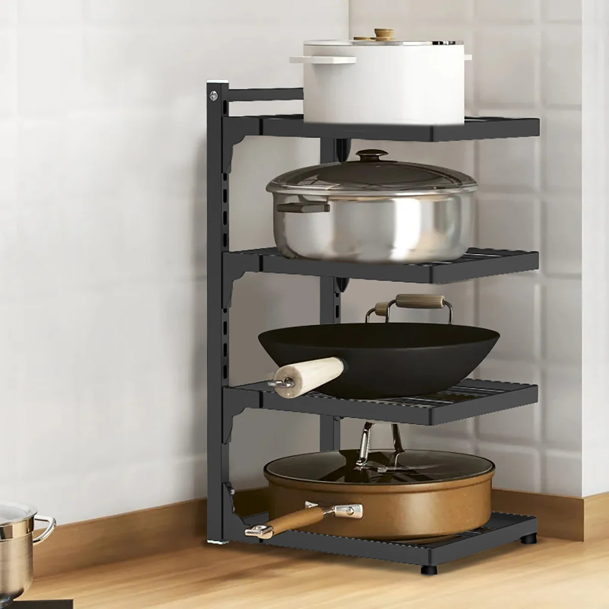 Kitchen Shelf Space-saving Kitchenware Storage Rack Adjustable Pot Rack 2-4 Tiers Under Sink/Corner Applicable