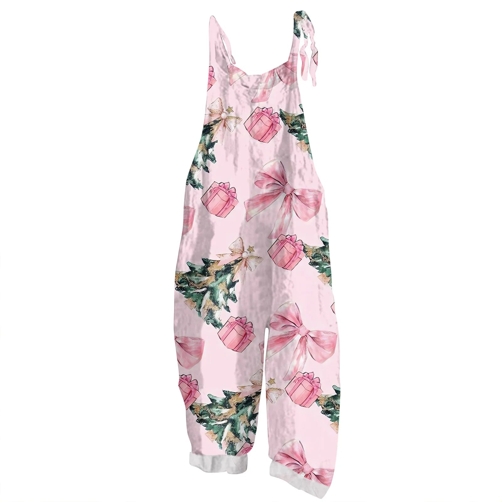 2025 Women's Fashion Christmas Printed Casual Loose Vintage Strappy Jumpsuit Retro Festival Pants New Year Themed Clothing