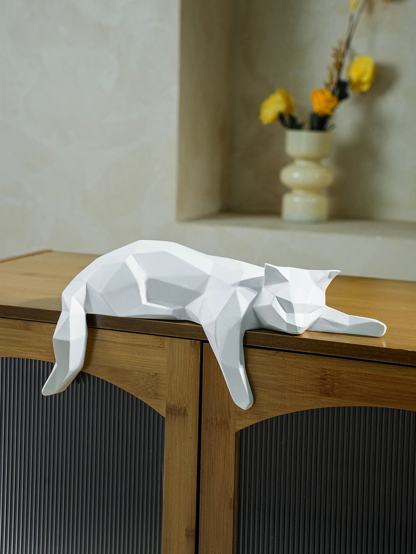Black White Cat Statue - Geometric Modern Room Decor Figurine Sculpture for Home Office as Table Shelf Desk Decor  Lying Cat