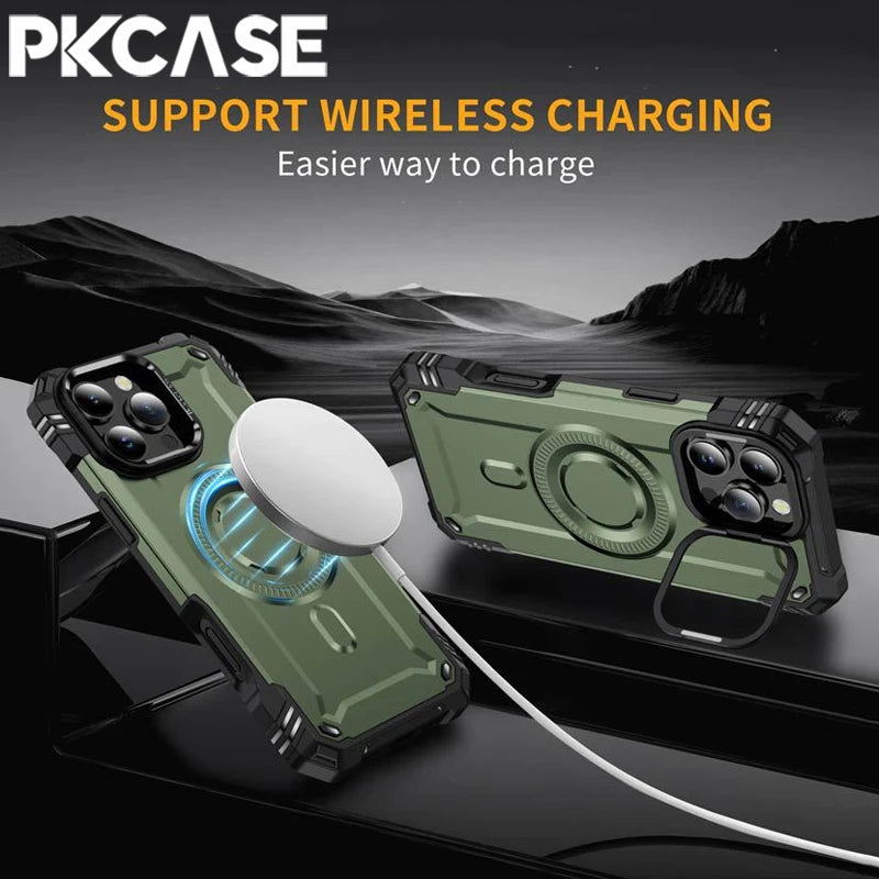 PKCASE Military Shockproof Bracket Case For iPhone 16 15 14 Plus Pro Max For Magsafe Magnetic Armor Cover
