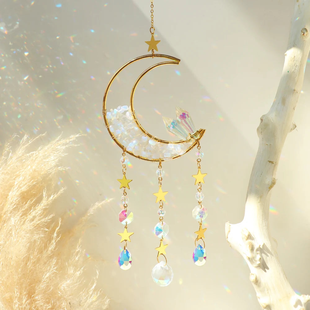 Natural Moon Crystal Suncatcher Ornament With Colorful Prism Pendant For Garden Patio Porch Balcony Window Home Decoration Gift