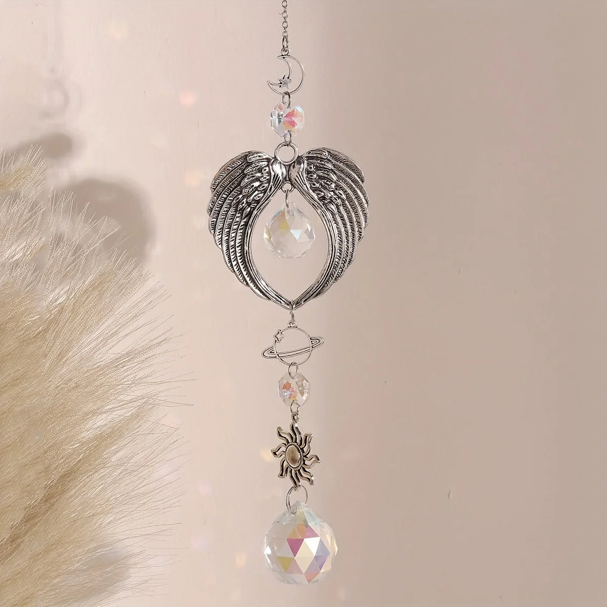 1pc Crystal Alloy Hanging Decoration Gift Angel Wings Home Gardening Decorative Glass Prism Wind Chime