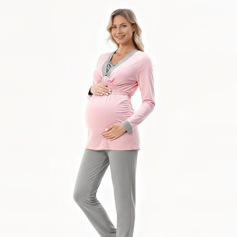 Maternity Clothes Pajamas Postpartum Breastfeeding Nightgown Spring Autumn Sleepwear For Pregnant Women Homewear Set 2PCS