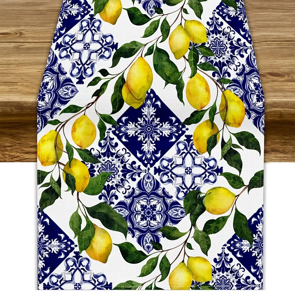 Blue Tile Lemon Linen Table Runner for Dresser Scarf Decor Reusable Summer Lemon Floral Leaves Table Runners Holiday Party Decor