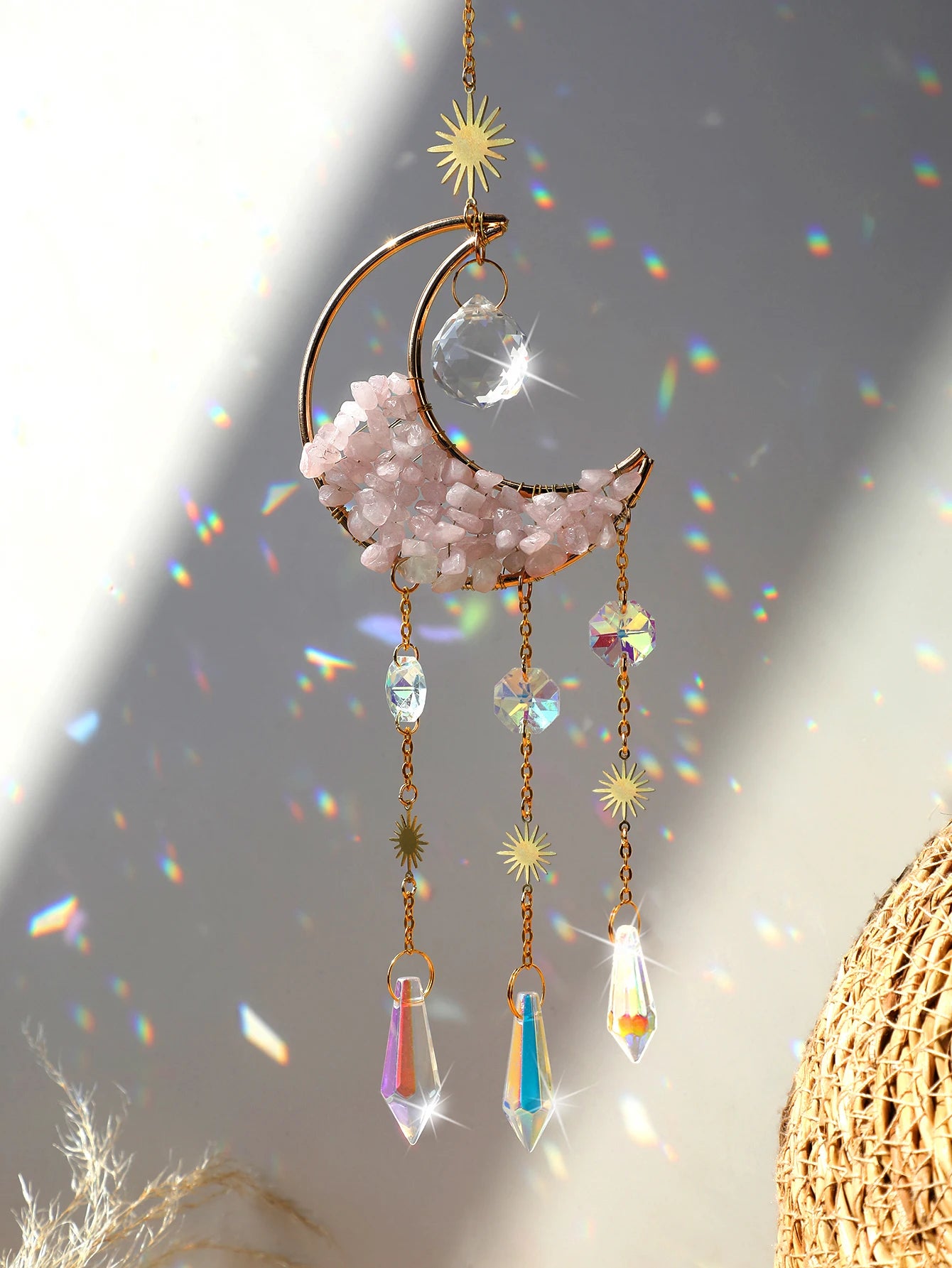 Natural Moon Crystal Suncatcher Ornament With Colorful Prism Pendant For Garden Patio Porch Balcony Window Home Decoration Gift