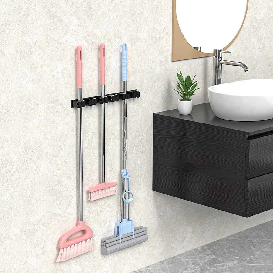 Mop Broom Holder 6 Position Multi-Functional Broom Hanger Shelf Bathroom Organization Accessories Home Kitchen Storage