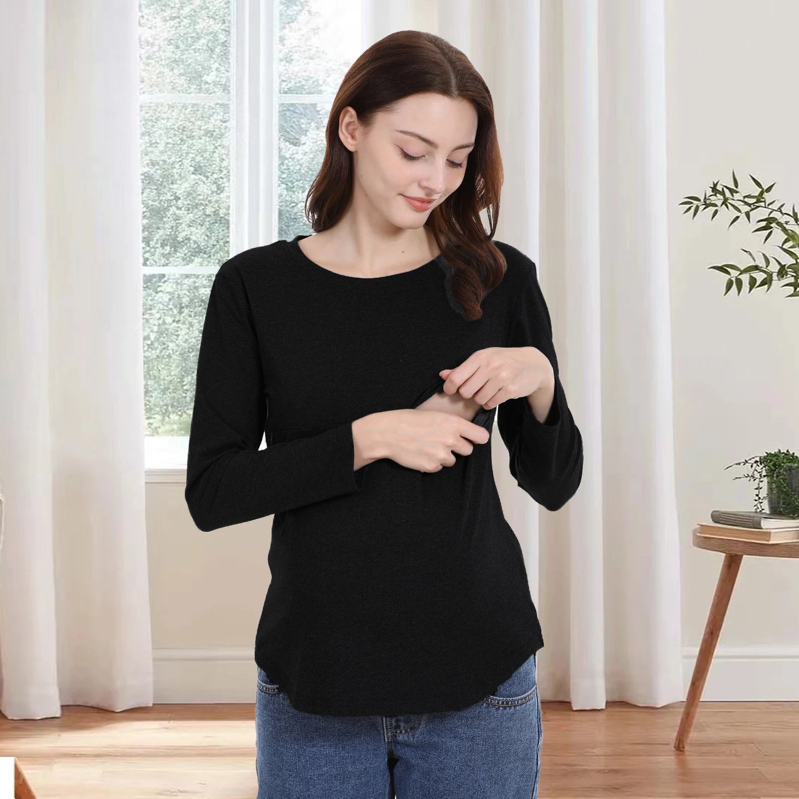 Breastfeeding T Shirt Maternity Clothes Long Sleeve Pregnancy Loose Hem Nursing Tee Spring Autumn Good Stretch Cotton