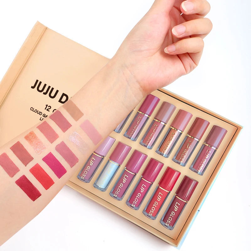 12pcs Matte Lip Glaze Set, Waterproof Long-Lasting Non-Stick Cup,Multi-Color System in Pink, Brown, Red, Purple