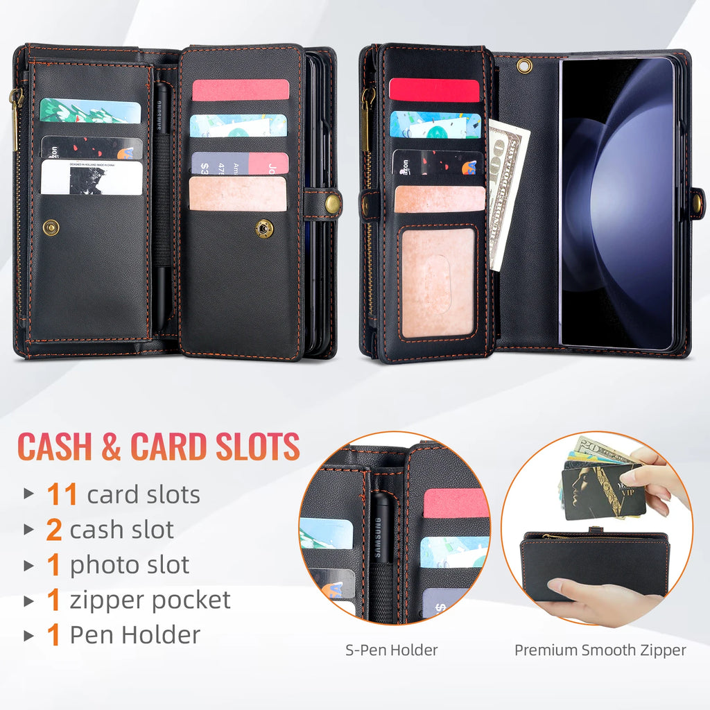Multifunctional Leather Case for Samsung Galaxy Z Fold 5 4 3 Fold5 Fold4 Fold3 5G Phone Bags Cover Pen&Card Slots Wallet Holster