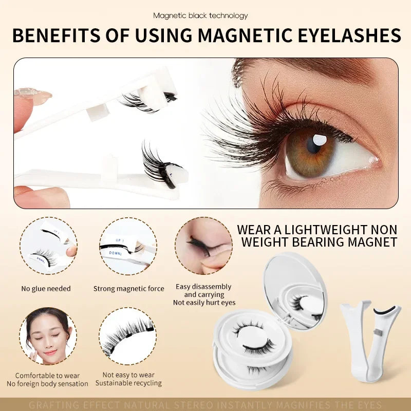 2pairs Magnetic False Eyelashes New Style Glue-Free Mink False Eyelashes Natural Nude Makeup With Mirror Reusable Beauty