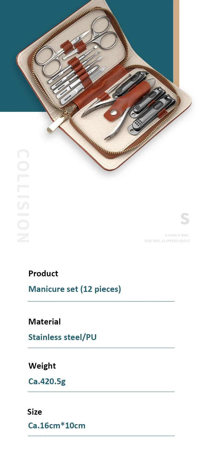 Manicure Set With Morandi Grey Top-Grade Full Grain Cow Leather Packaging Nail Clipper Kits Perfect Gift Friends Family