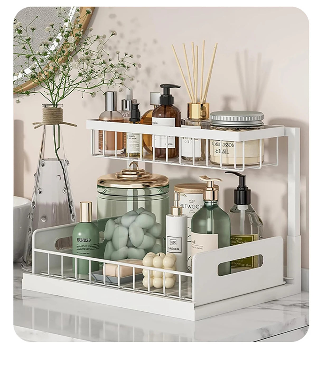 Carbon Steel Kitchen Shelf Double Space Saving Shelves Pull-out Design Countertop/Under Cabinet Dual Use