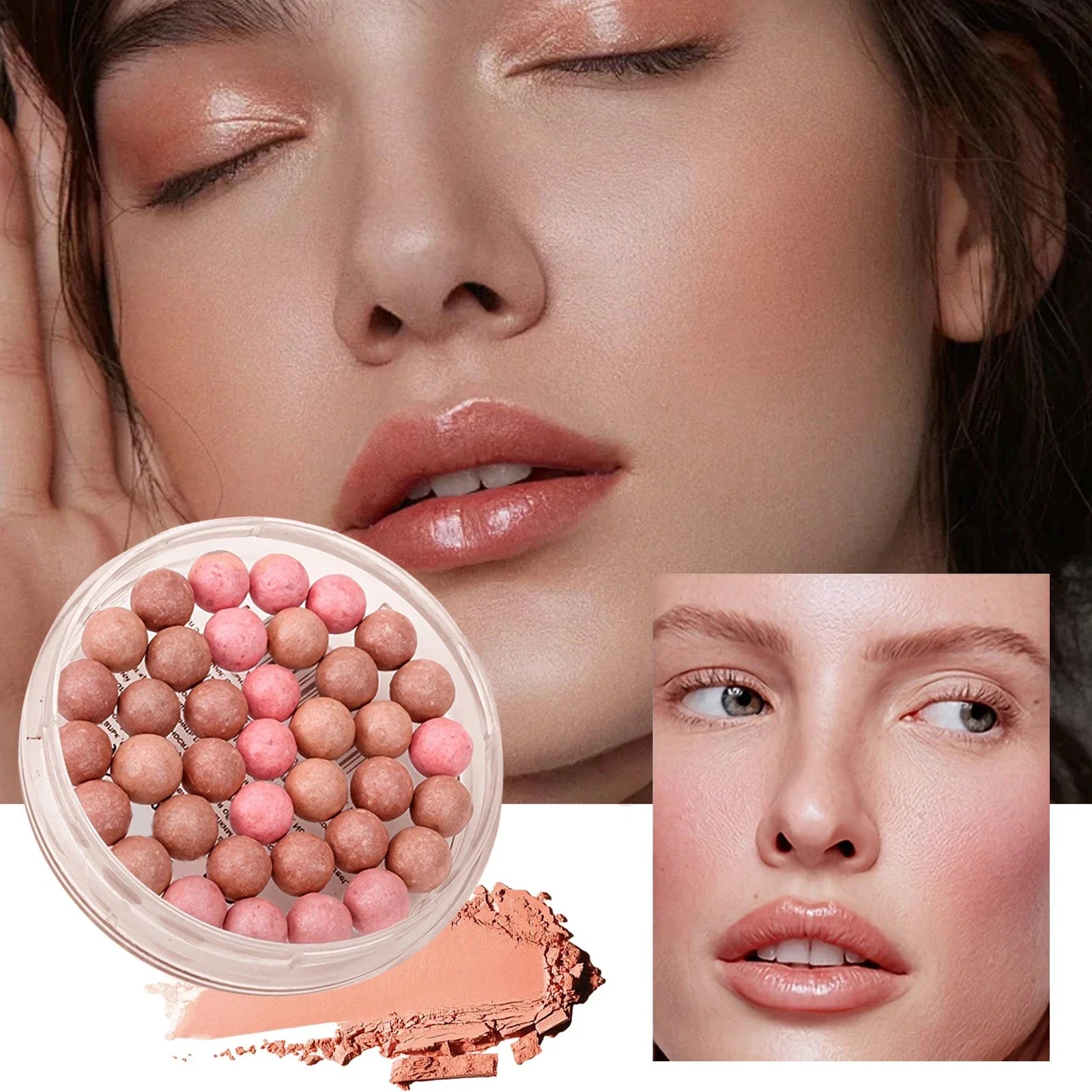 Multi-Tone Powder Blush Pearls with a brush,Water Resistant Natural Finish Face Blush for All Skin Tones,various holiday makeup