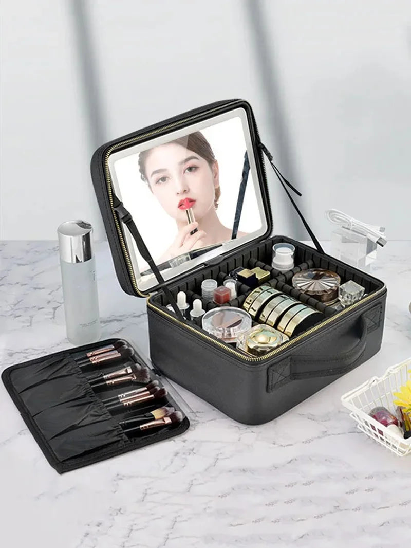 Smart LED Cosmetic Case With Mirror Travel Makeup Bag Large Capacity Female Beautician Skincare Product Makeup Case For Women