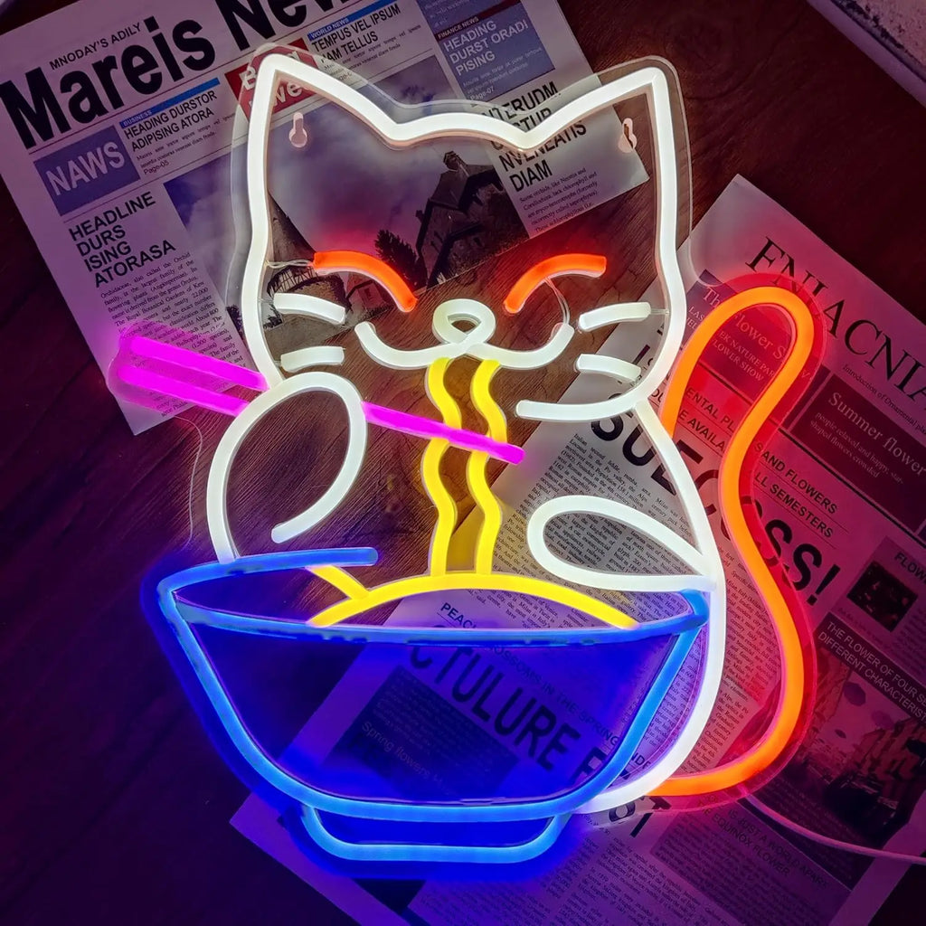 Lucky Cat Noodle LNeon Signs LED Neon Light Sign Light Up Neon Signs Wall Decor for Home Bar Living Room Store Club Bistro