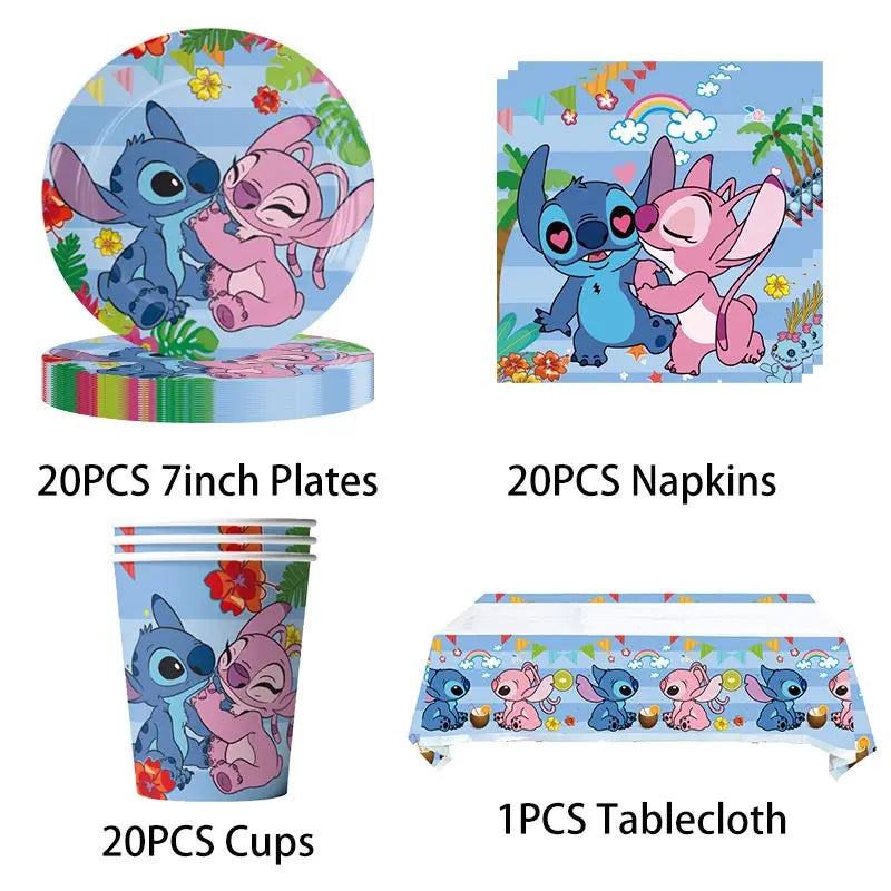 Lilo And Stitch Birthday Decoration Disney Pink Stitch Party Theme Tableware Set Angel Balloons Happy Supplies Kids Girl Favors