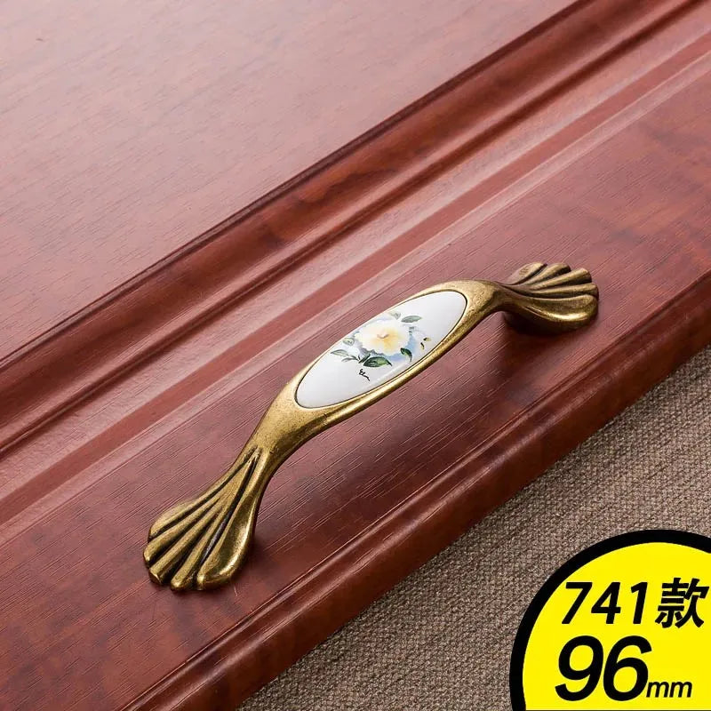 European Green Flower Ceramic Handles Kitchen Cabinet Storage Dressers Classic Wardrobe Cabinet Single Hole Closet Door Pulls