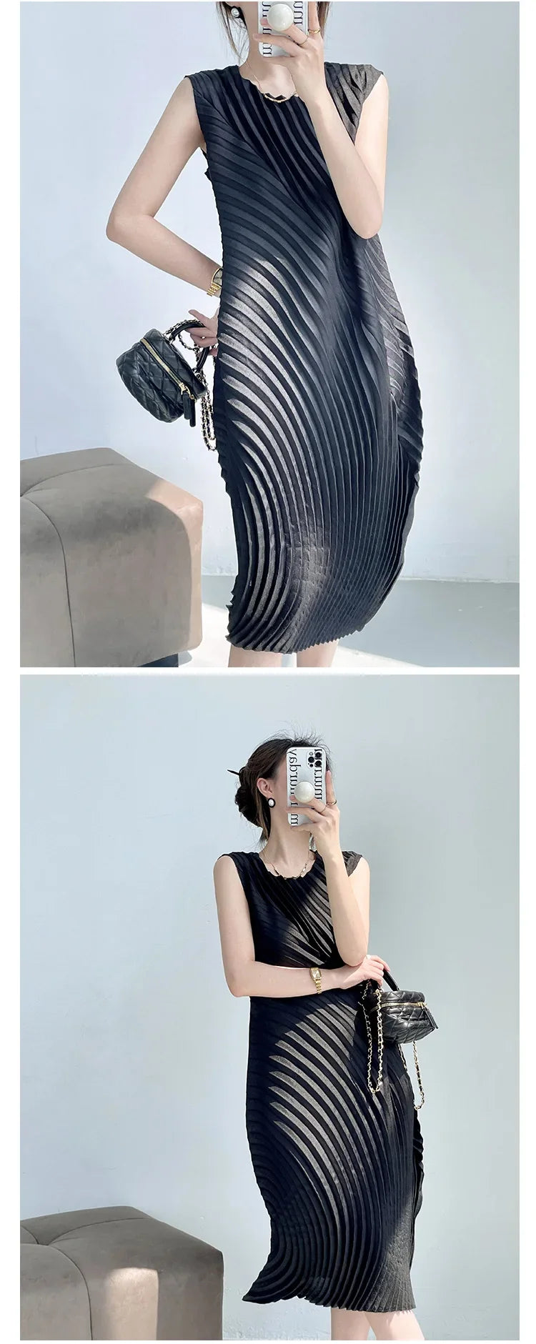 Miyake Hand Circle Pleated Sleeveless Dress Designer Long Round Neck Elegant Loose Summer Korean Style Aesthetic Clothes