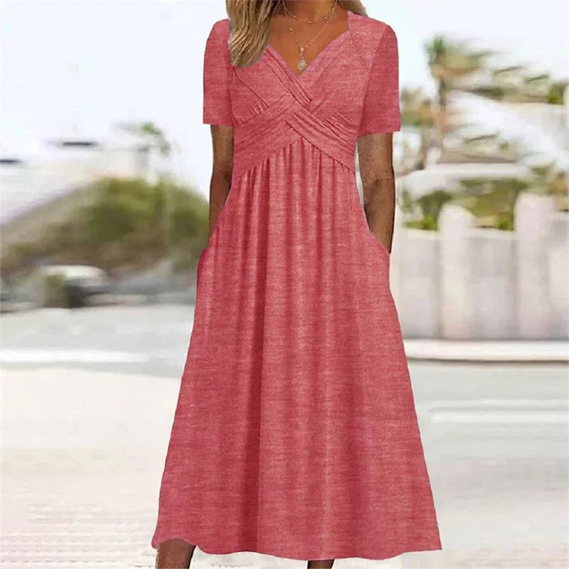 Elegant V Neck Crossover Wrap Bust Dresses Women Solid Color Short Sleeve Dress Summer Female Commuter Side Double Pockets Gown