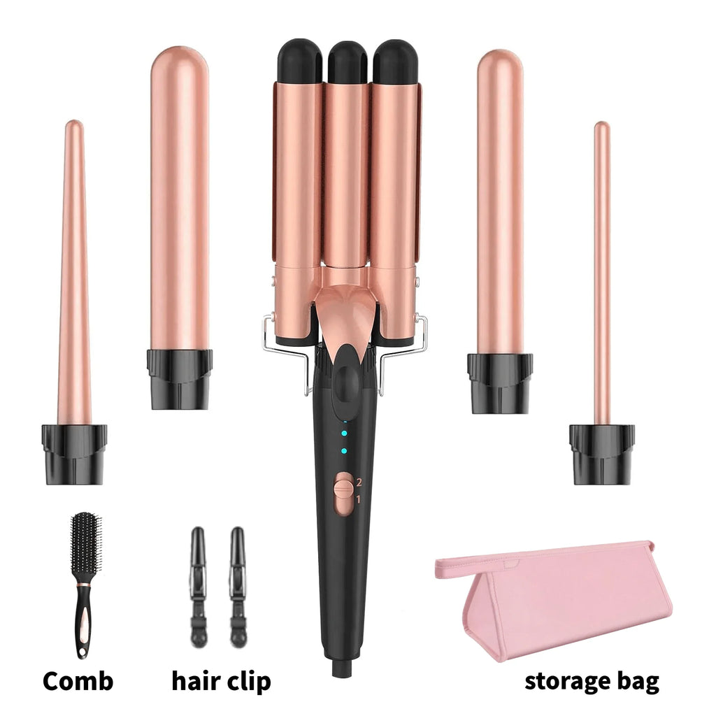 5 in 1 Hair Curlers Set with Curling Brush, 0.35”-1.25” Hair Curler Wand for Hairstyle and Heat Resistant Gloves and Hair Clip
