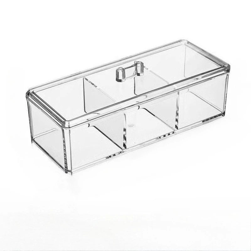1pc Transparent Cosmetic Storage Box Acrylic Make Up Organizer Three Grid Cotton Swab Cotton Pad Storage Box Home Organization