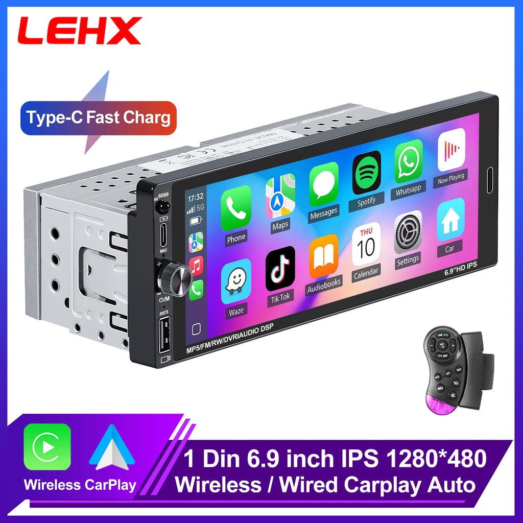 LEHX 6.9 Inch 1DIN Universal MP5 Car Radio Support Wireless Carplay Android AUTO AUX IPS Touch Screen Multimedia Video Player