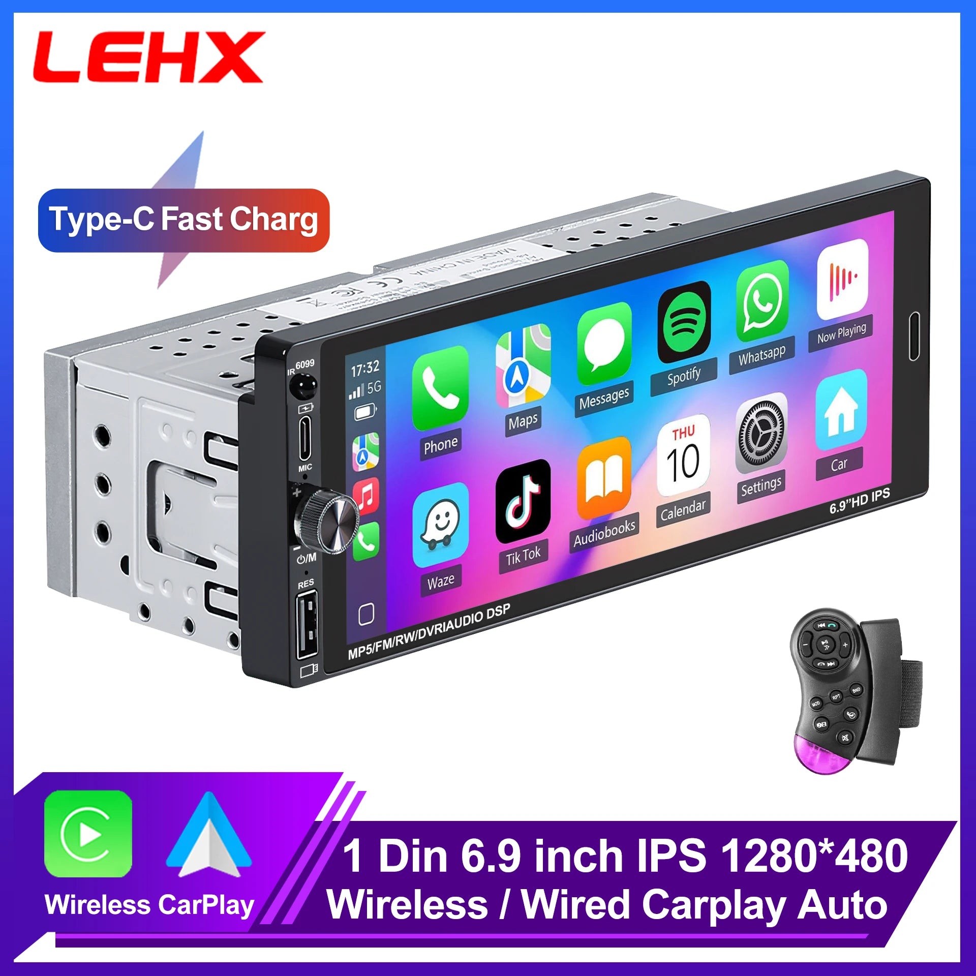 LEHX 6.9 Inch 1DIN Universal MP5 Car Radio Support Wireless Carplay Android AUTO AUX IPS Touch Screen Multimedia Video Player