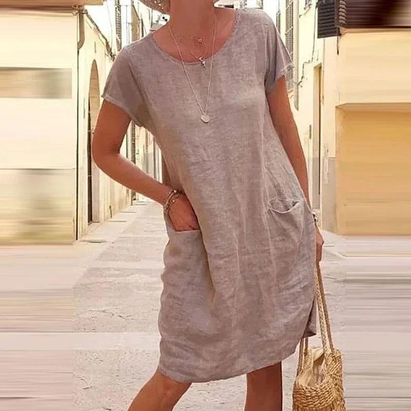 Women's Solid Color Large Pocket Loose Short Sleeved Dress for Summer Comfort