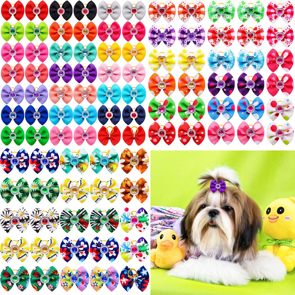 20pcs Dog Hair Bows Dog Bows with Diamond Colorful Grooming Rubber Band for Small Dog Pet Girls Grooming Hair Accessories