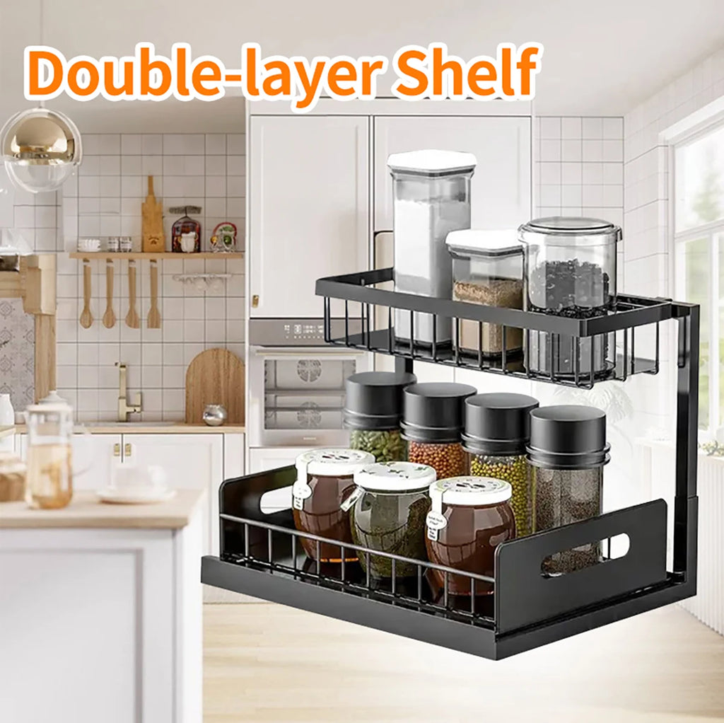 Carbon Steel Kitchen Shelf Double Space Saving Shelves Pull-out Design Countertop/Under Cabinet Dual Use