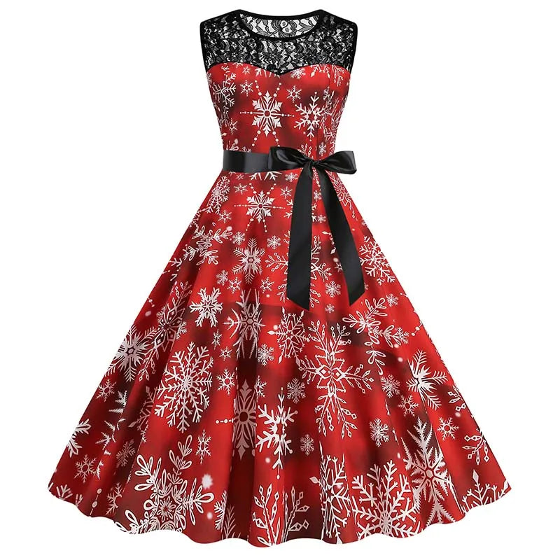 Christmas Dress Women Vintage 50s Lace Sleeveless Print Party A Line Santa Claus Sundress Runway Midi Pinup Flare Dresses