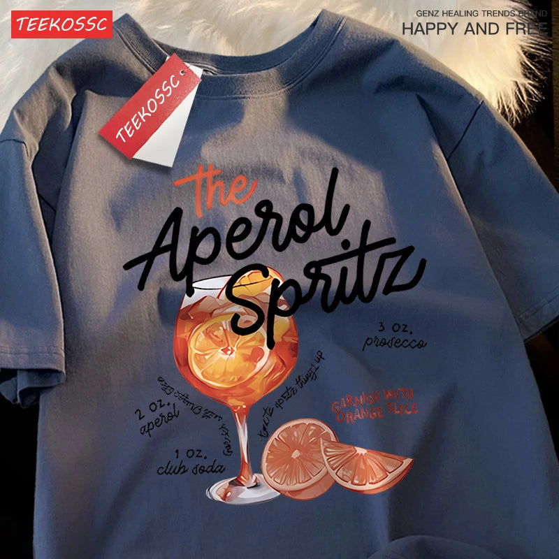 Iced Lemon Wine Beverage Print T Shirts Men Women Cute Crewneck Clothes Loose Summer T-Shirts Fashion Cotton Short Sleeve