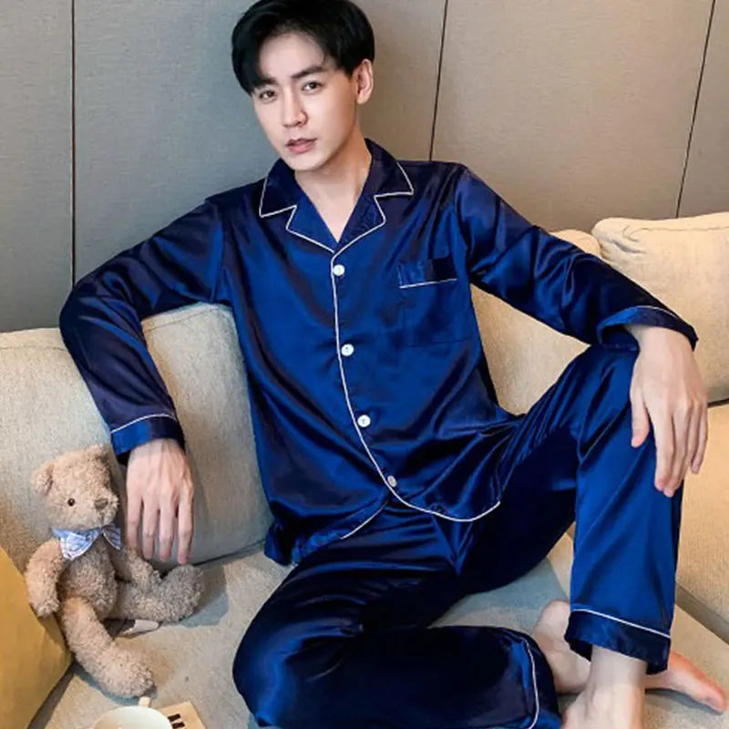 Summer Lapel Long-Sleeved Cardigan Pajamas Men Korean Version of the Solid Colour Light Mature Youth Casual Men's Silk Home Clot