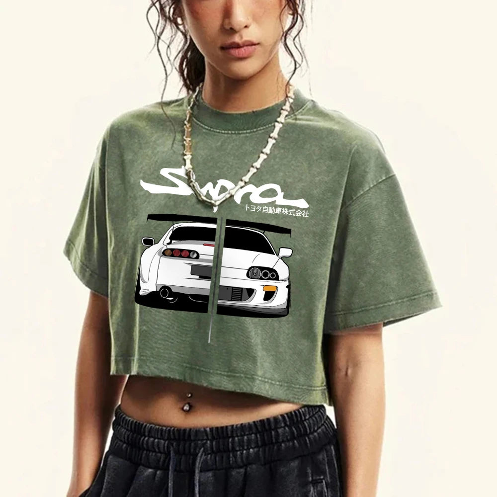 Woman Cotton Washed T-Shirts Street Regular O-Neck Crop Tees Japanese Style Cool Car Puzzle Print Short Sleeve Summer Clothes