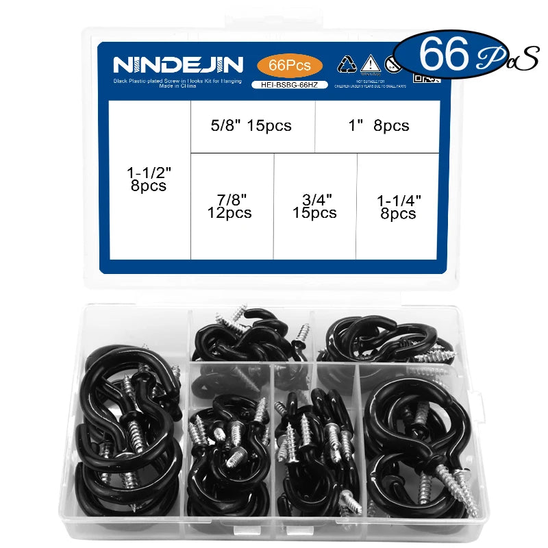 NINDEJIN 66pcs Screw hooks 3/4"-1-1/2" Black White Heavy Duty Screw in Hook Hanger Wood Wall Ceiling Hooks for Kitchen Shelf