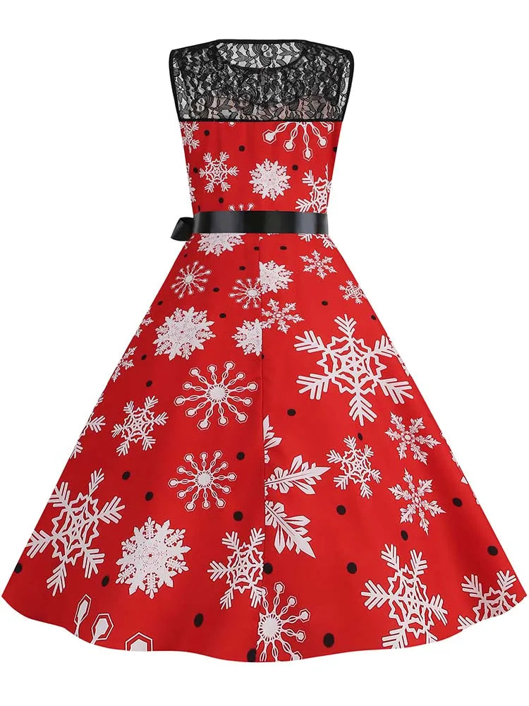 Christmas Dress Women Vintage 50s Lace Sleeveless Print Party A Line Santa Claus Sundress Runway Midi Pinup Flare Dresses