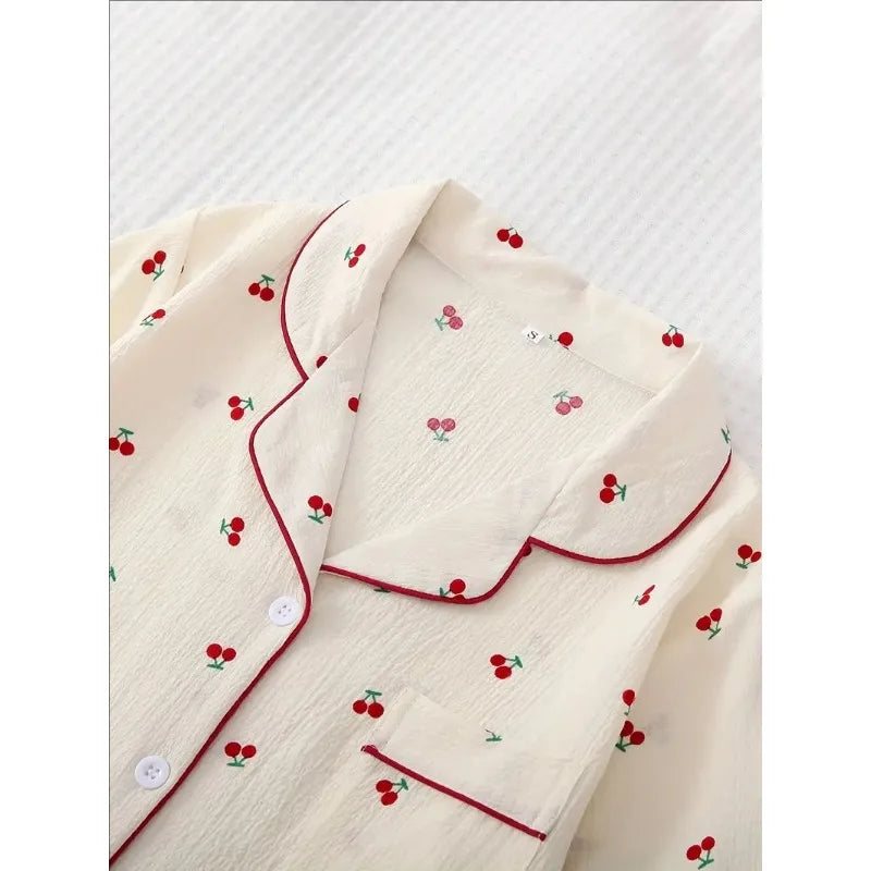 Four Seasons Women Nightwear Cherry Print Cardigan Loungewear Short Sleeve Shorts Girl Sweet Korean Fashion Pajamas Homewear