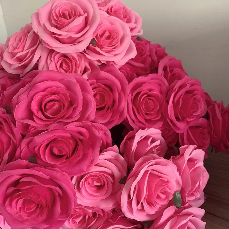 9Heads Roses Bouquet Artificial Flower Hot Pink Deep Pink Rose Fake Rose Living Room Dry Flower Decoration Wedding