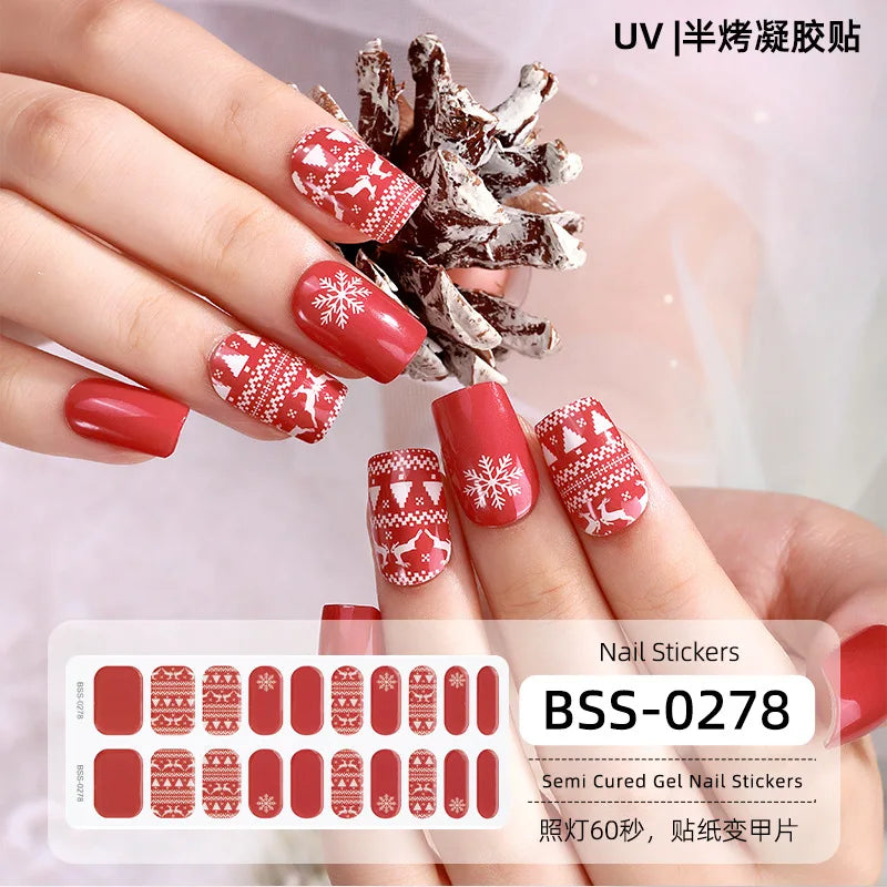 20/22tipsChristmas Semi Cured Nail Sticker UV Led Lamp Semi Cured Gel Design Nail Decals Waterproof Nail Stickers Nail Manicure