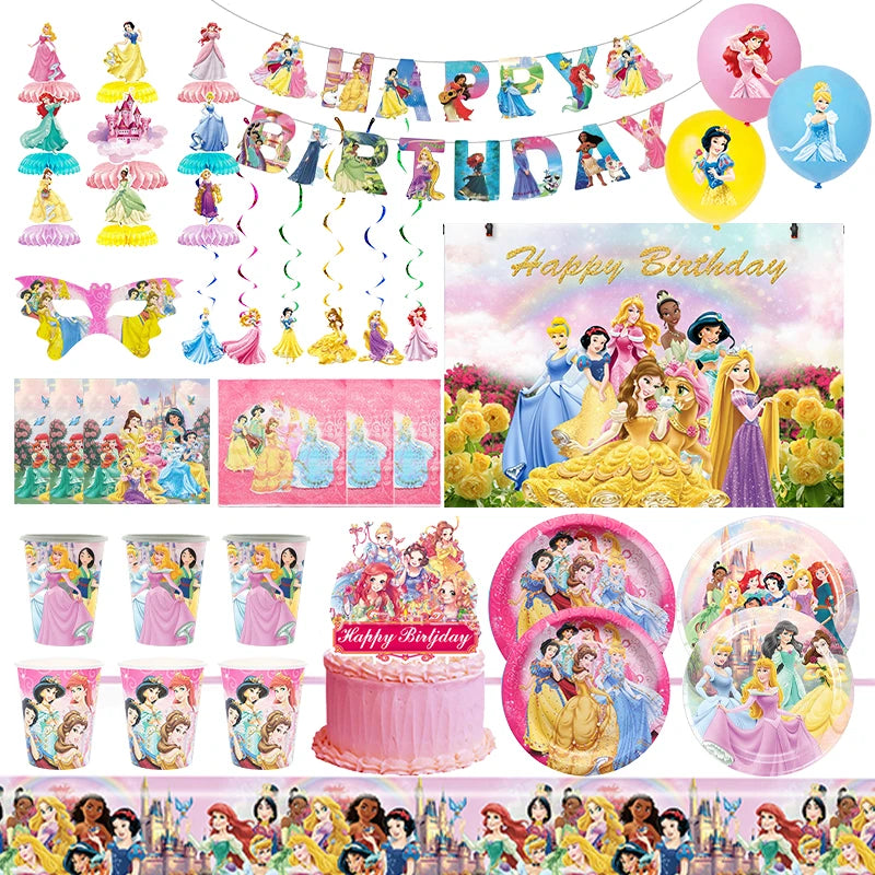 Disney Princess Birthday Decoration Tableware Paper Cups Plates Balloons Tablecloth Backdrop Banner Party Supplies For Baby Kids