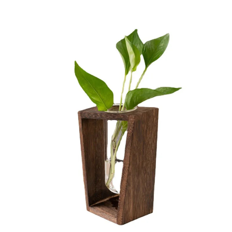 Nordic Wooden Test Tube Glass Vase Hydroponic Flower Arrangement Decorative Vase Ornaments Dry Flower Container for Home Office