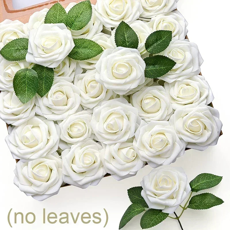 50/5Pcs Artificial Roses Flowers Foam Fake Rose Heads With Stems For DIY Wedding Bouquets Home Party Tables Decorations Supplies